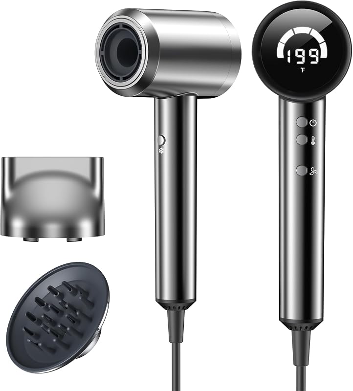 Secador de pelo con difusor, secador de secado rápido para viajes, regalos | Secador de cabello con difusor de alta velocidad, 110000 RPM, 5 velocidades y 6 temperaturas, difusor para rizado/liso/encrespado, gris
