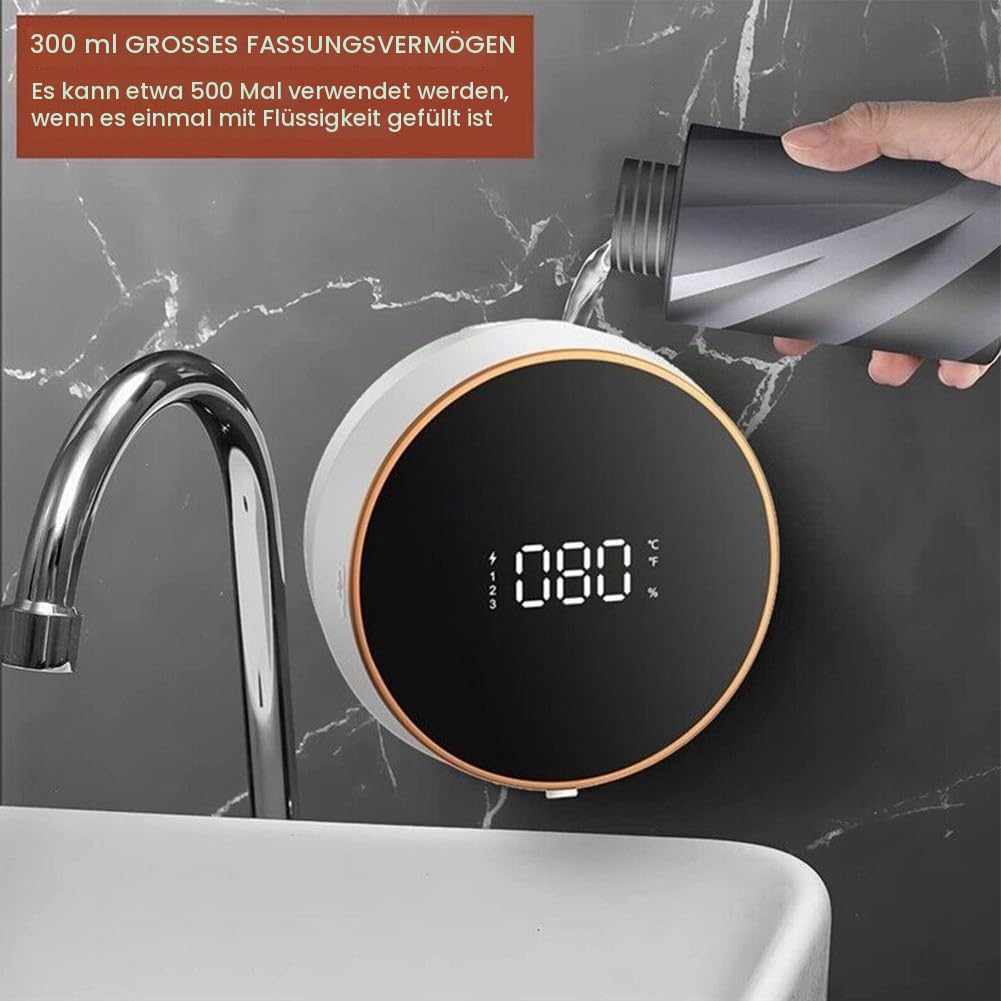 Seifenspender, automatischer Seifenspender, Wandmontage, 300 ml, berührungsloser Seifenspender, USB-Aufladung, LED-Display-Sensor, für Badezimmer, Küche (Gelweiß)