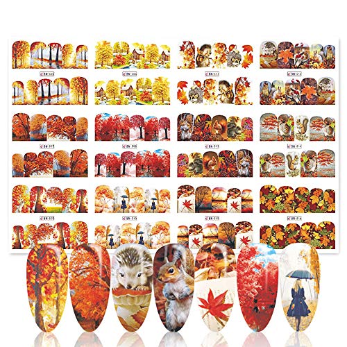 Fall Nail Art Stickers Decals Maple Leaf Nail Water Decals Autumn Theme Design Full Cover Wraps Foils Nail Supplies Holographic Nail Water Transfer Tattoo Stickers Manicure DIY Decorations 12 Design