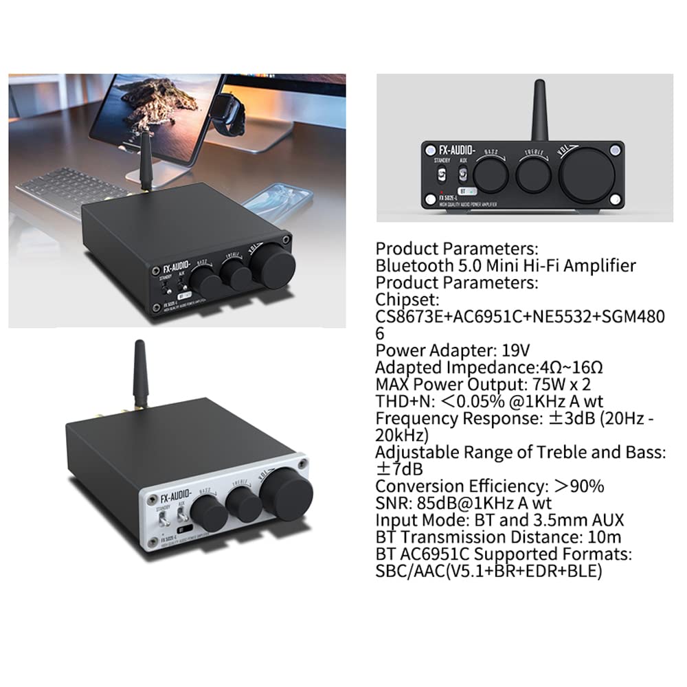 HiFi Bluetooth 5.1 amplificador de potencia digital 75W* 2 mini amplificador de potencia para el hogar negro con adaptador de corriente