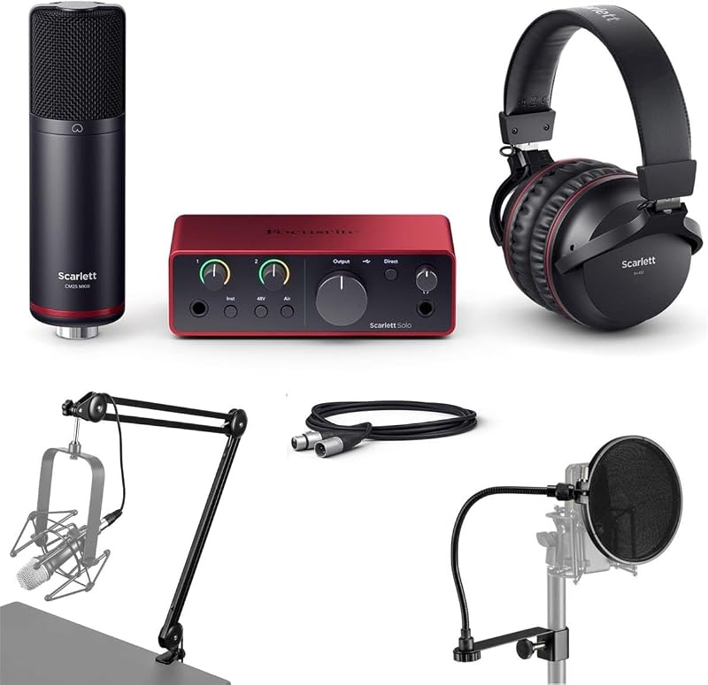 Interfaz USB Scarlett Solo de 4 .ª generación con micrófono, auriculares, software, paquete con filtro H&A Pop, brazo de transmisión y cable XLR de 10'