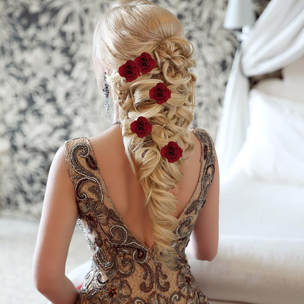 8 PCS Wine Red Rose Flower Hair Clips U Shape Floral Bobby Pins,Vintage Rose Hair Accessories for Women Girls Party Beach Wedding image 5