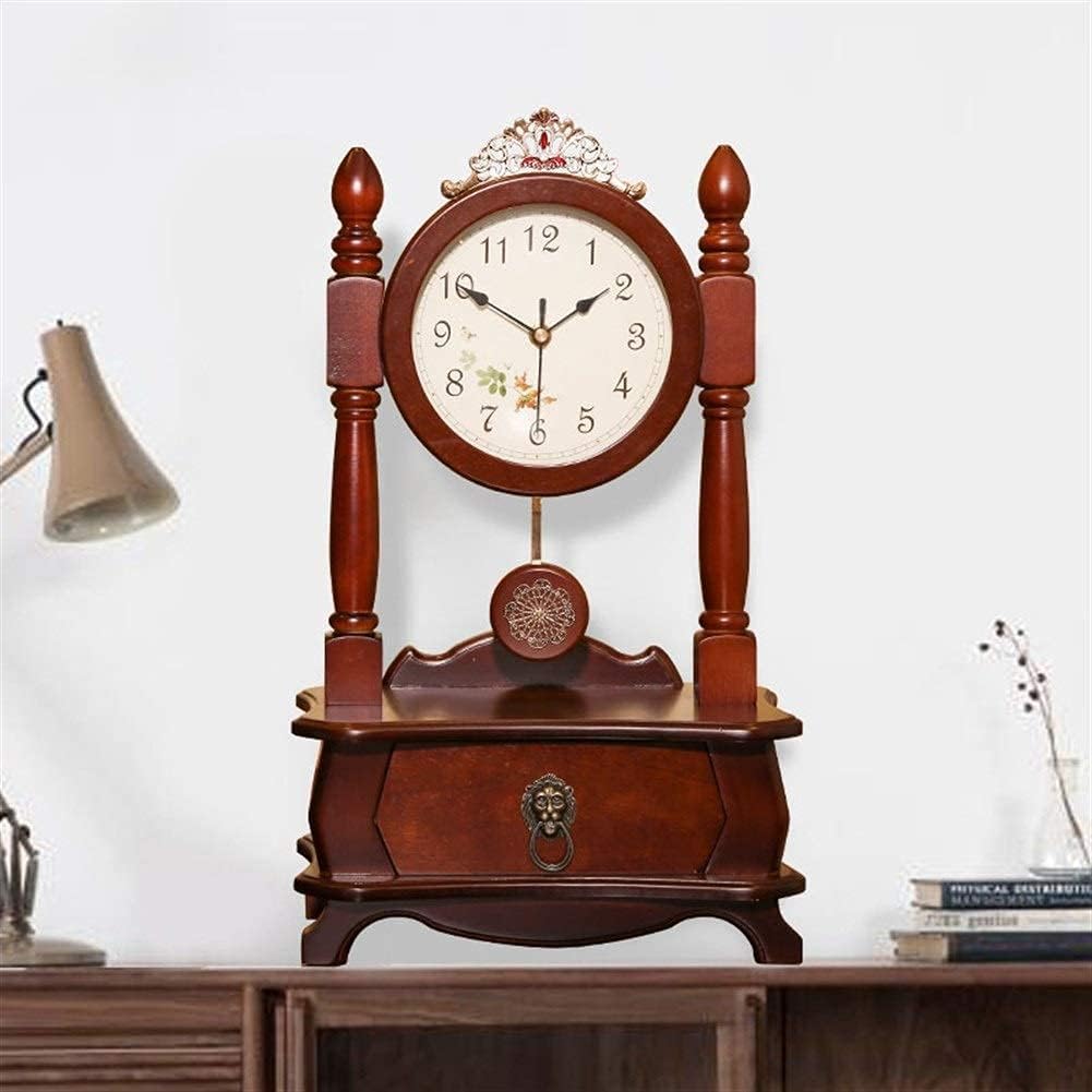 Mantle Clock, Solid Wood Pendulum Clock Time Accurate Silent Operation Battery Power Supply with Small Drawer Quartz Table Clock Desktop Decoration,