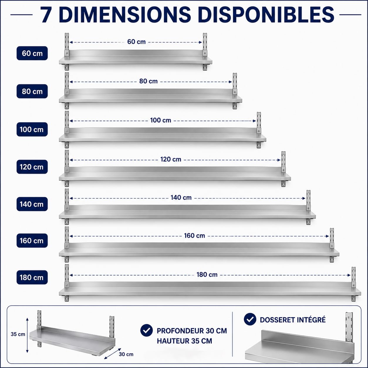 Étagère Murale Inox Professionnelle avec Dosseret 60 x 30 x h35 cm – Rangement Mural Cuisine Professionnelle CHR – Inox Brossé – Restaurant, Boulangerie, Pâtisserie, Laboratoire – 1 Niveau