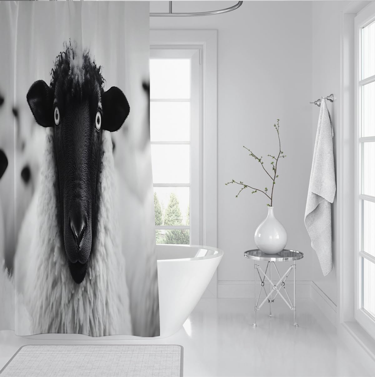 Schwarz-Weiß-Schaf-Duschvorhang Bauernhof-Tier-Badewannen-Vorhänge mit Haken rustikal Badezimmer-Duschvorhang Minimalistische Land-Wohneinrichtung W200xL200 cm