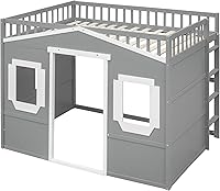 Vista 5 de Cama tipo loft de techo de casa de tamaño matrimonial con escalera, marco de cama de madera que ahorra espacio con barandilla y ventana