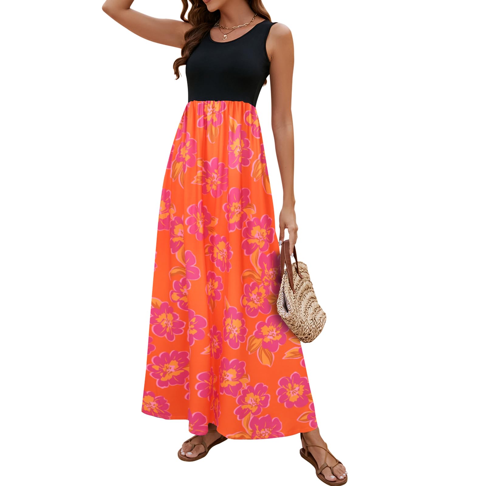 Sherosa Women Boho Chevron Striped Floral Printed Summer Sleeveless Tank Long Maxi Party Dress