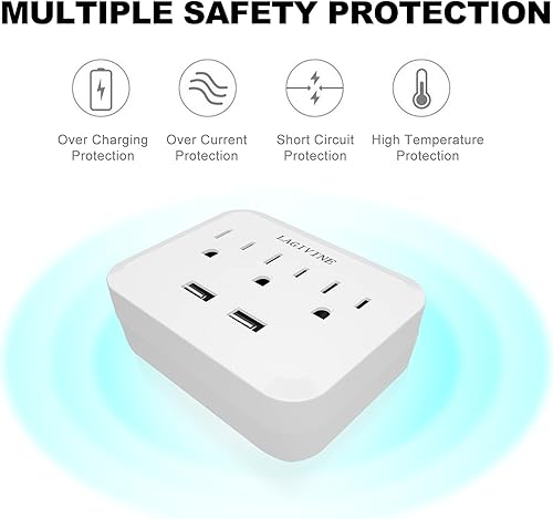 Miniatura 5 de Protector de sobretensiones para cargador de pared USB, extensor de 3 salidas con 2 puertos USB, adaptador de salida de enchufe múltiple para