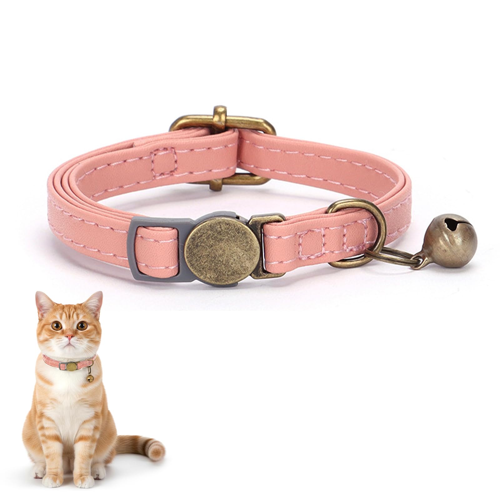 Soft Leather Cat Collar Break Away Safety Collar with Bell Adjustable and Durable Adorable Pink Kitten Collar