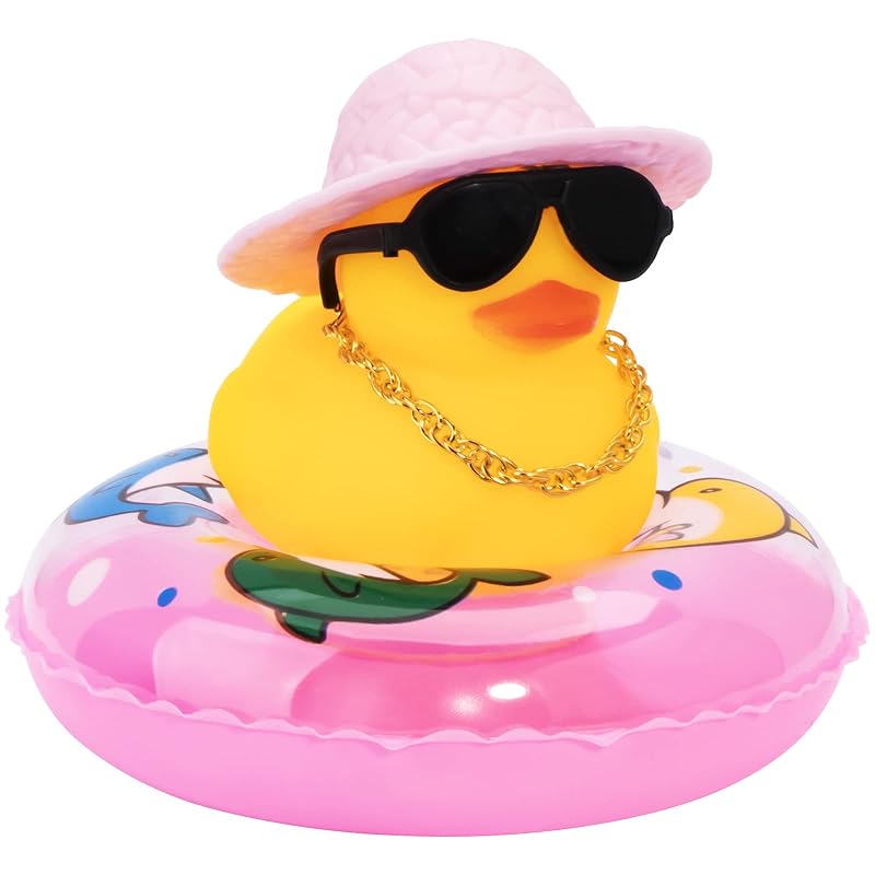 Pato de borracha para decoração de painel automotivo wonuu com chapéu, óculos, colar e boia Pink Sun Hat-pink Dolphin