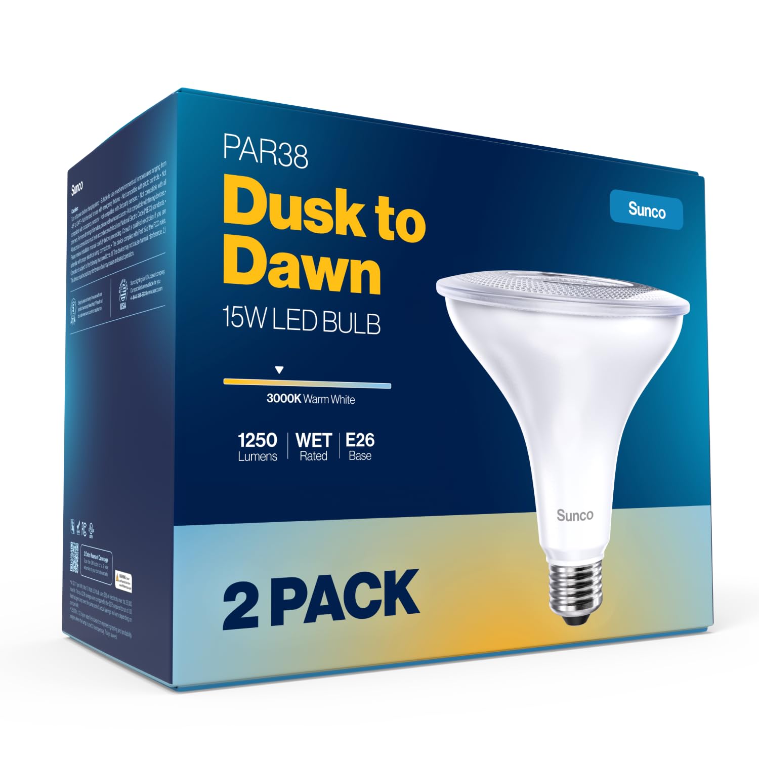 Sunco Outdoor LED Flood Light, Waterproof PAR38 Dusk to Dawn Bulb, 1250 LM, 120W Equivalent 15W, Exterior, Wet-Rated, 3000K Warm White, E26 Base, UL 2 Pack.