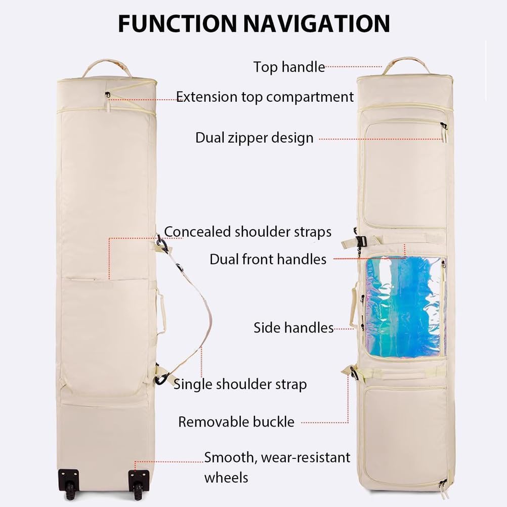 Snowboard Bag with Wheels, Double Rolling Ski Bag, Extendable 160-174CM Ski Bags for Air Travel, Fit Single Ski/2 Sets Skis, Helmet, Jacket&Boots