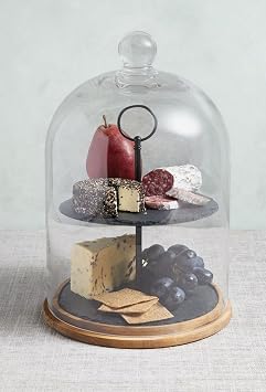 Artesà 2-Tier Serving Stand/Cake Dome, Glass Cloche Food Display Cover / Storage with Tiered Slate Platters and Wooden Base, 22 x 31 cm - Black/Clear Glass/Wood
