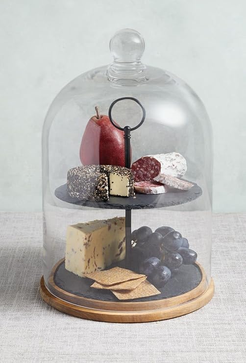 Artesà 2-Tier Serving Stand/Cake Dome, Glass Cloche Food Display Cover / Storage with Tiered Slate Platters and Wooden Base, 22 x 31 cm - Black/Clear Glass/Wood