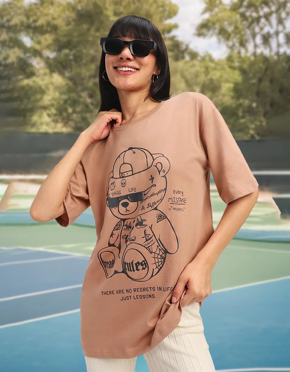 JUNEBERRY® 100% Pure Cotton Oversized Loose Baggy Fit Drop Shoulder Half Sleeve Round Neck Cool Front Teddy Printed Cork & White T-Shirt for Women/Girls (Available in from S to 2XL)