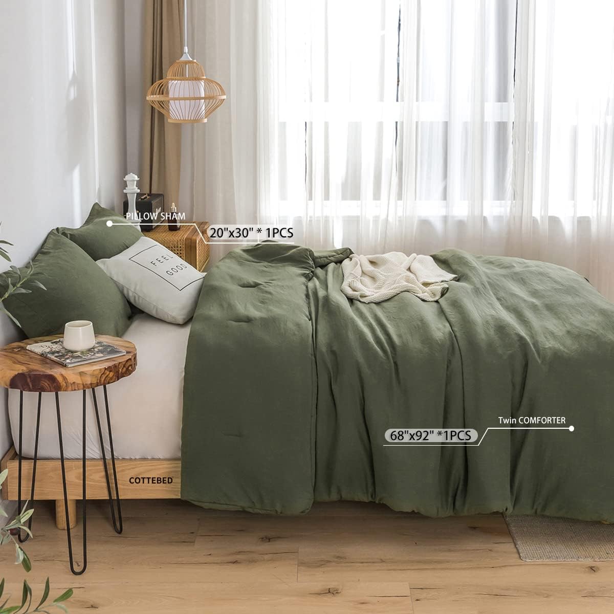 COTTEBED Ultra-Soft Cozy Twin Bedding Comforter Sets Bed, Lightweight All Season Use Warm Fluffy, Made with Washed PolyCotton Microfiber Fabric,1 Comforter 1 Pillow Sham, Twin/Twin XL Dark Olive Green
