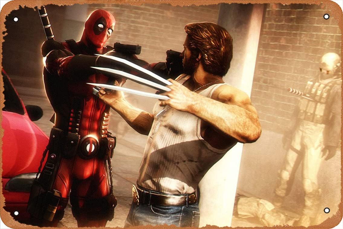 Deadpool Wolverine X-Men Comics Poster Tin Wall Sign Retro Iron Painting Vintage Metal Plaque Decoration Hanging Artwork Poster for Bar Cafe Store Home Yard 