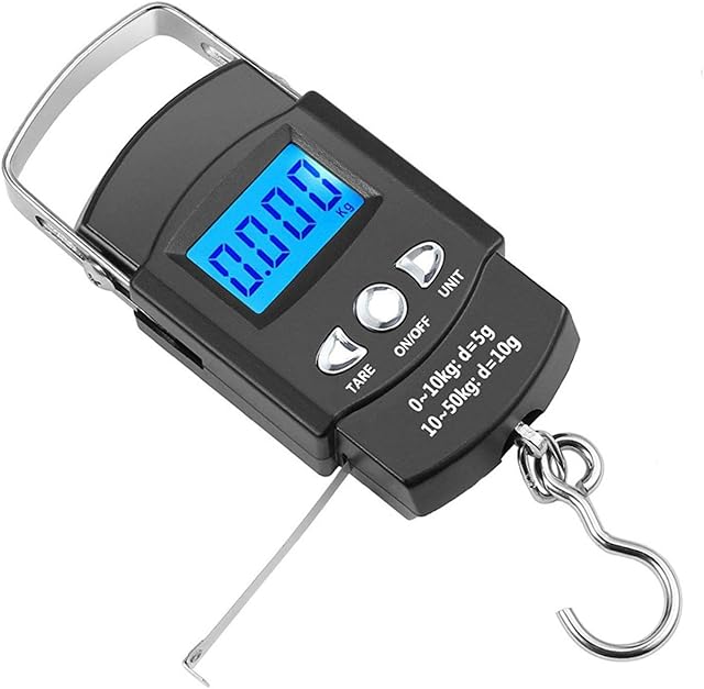 Electronic Fishing Scale, Luggage Scale, Portable Scale, Backlit Lcd Display with 1 Meter Long Tape Measure, Larger Handle and Hook, for Fishing/Hunting/Postal/Kitchen (50 Kg/110 Lbs)