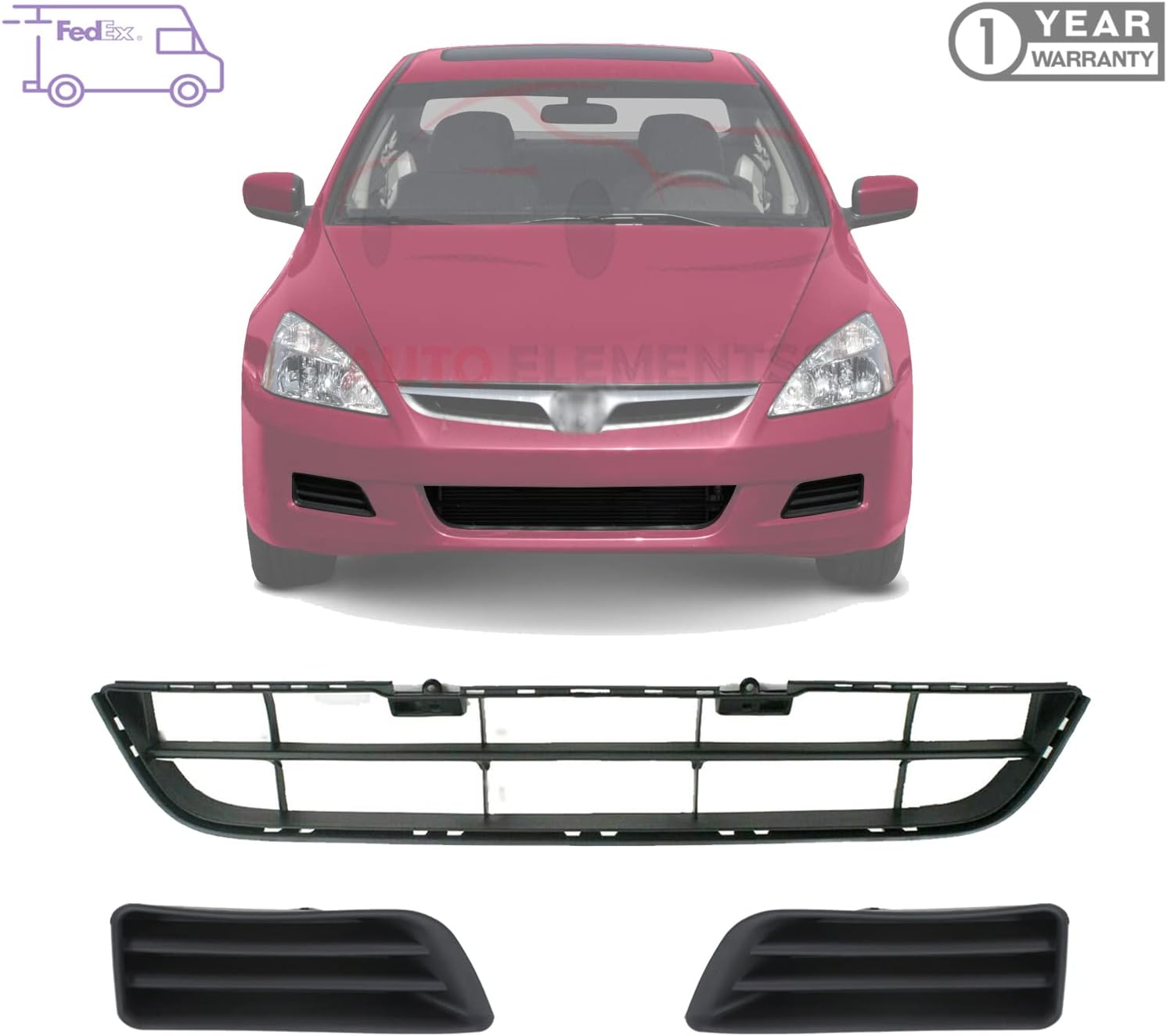 Front Bumper Grille + Fog Light Cover Trims For 2006-2007 Honda Accord Sedan Direct Replacement