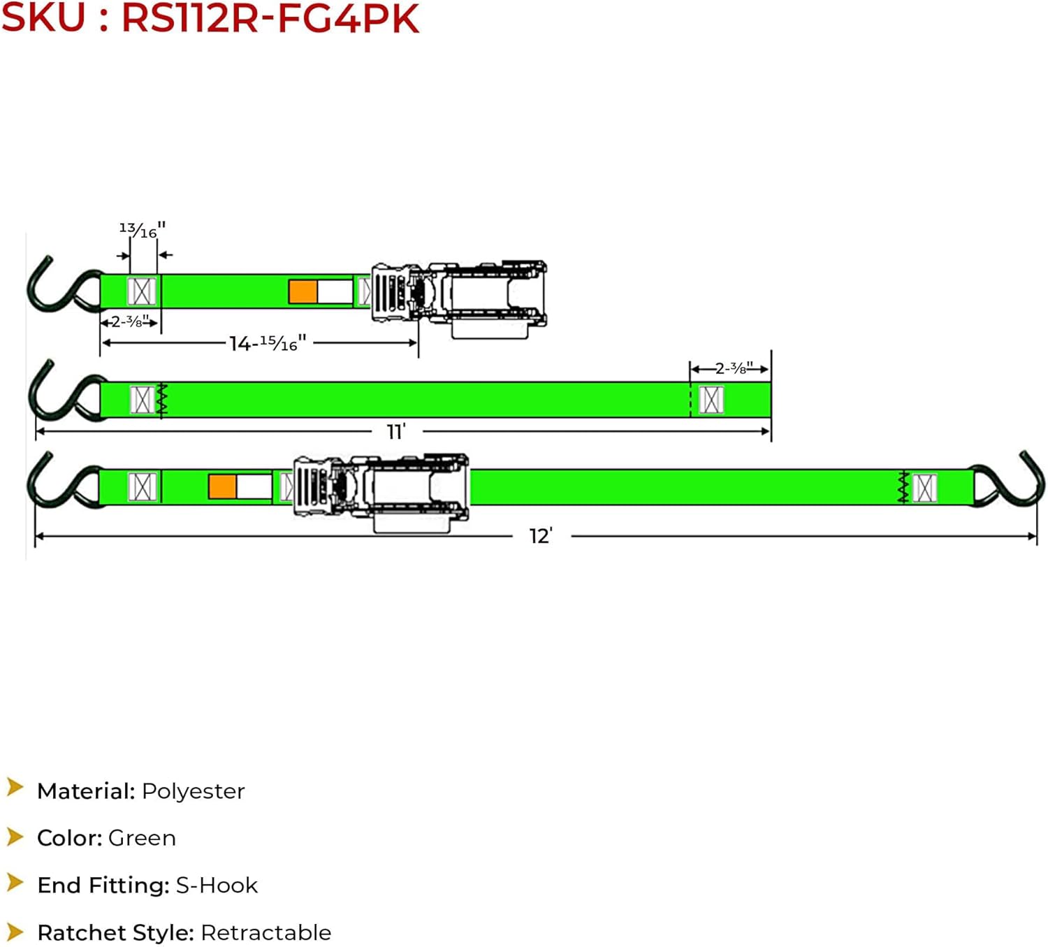 Mytee Products 4 Pack Retractable Ratchet Tie Down Straps w/S Hook - 1,500lb Break Strength Self Retracting Ratchet Straps for Haul Motorcycles, ATVs, Bikes, Trailer Tie-Down - Image 6