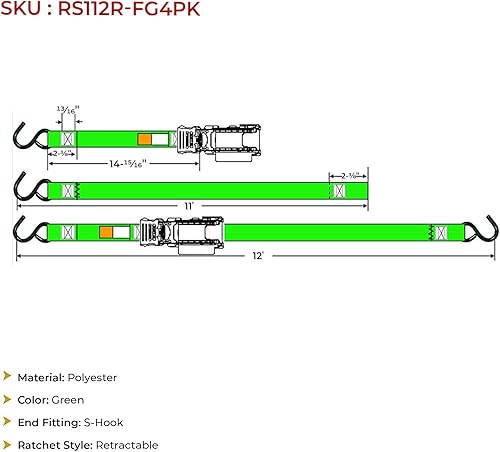 Vista 24 de Mytee Products Paquete de 4 correas de trinquete retráctiles de 1 pulgada x 12 pies con gancho en S recubierto de zinc para motocicletas, Naranja