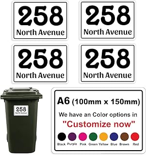 4 x Personalised Custom Wheelie Bin Number Stickers with Waterproof House Number & Street Name (4 Decals-150 x 100 mm) PBN01 Stickers Limited