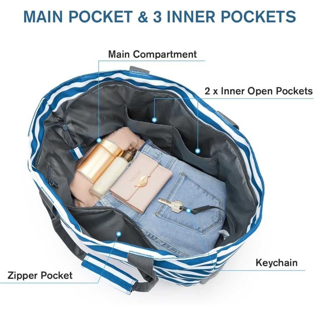 Sac fourre-Tout de Plage pour Femme, Fourre-Tout Pliable de Plage résistant à l'eau avec Pochette, Rayures Bleues et Blanches