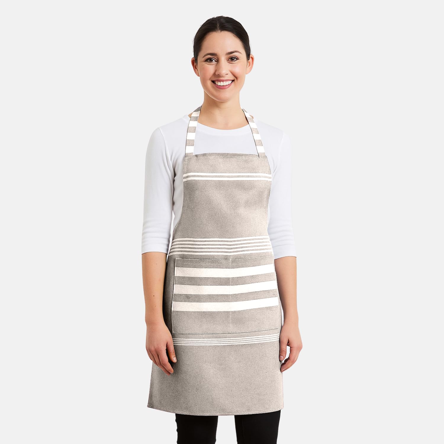 Värde Unisex Cooking Aprons | Spillproof Apron | Striped Design with 2 Front Pockets & Free Size Neck Strap | Durable, Oil & Stain Resistant | Chef Apron for Cooking, Baking, BBQ (1, Cream)