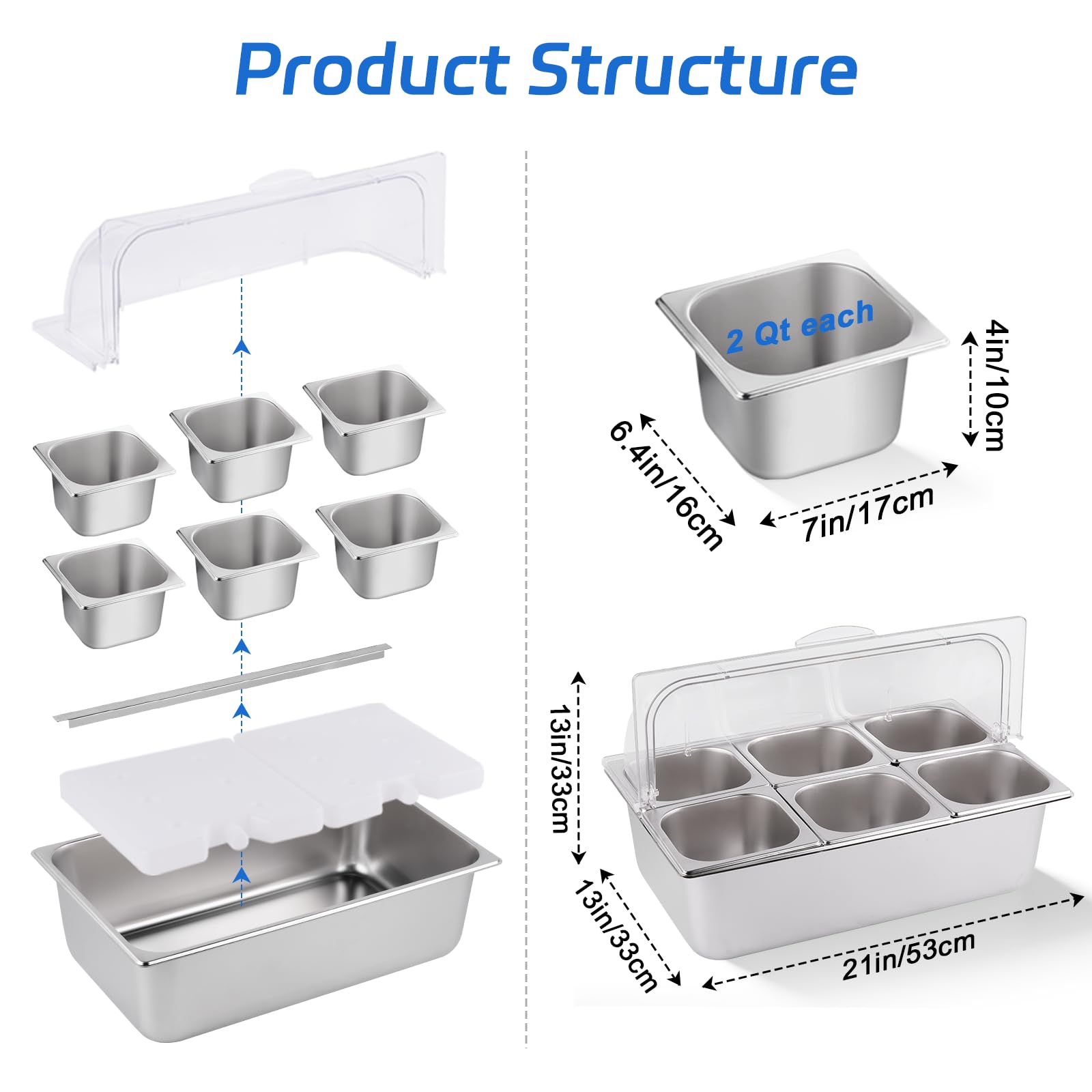 Dispensador de salsa de alimentos con estante de caja inferior de hielo, contenedores de acero inoxidable con cubierta superior enrollable, organizador de condimentos de ensalada (A)
