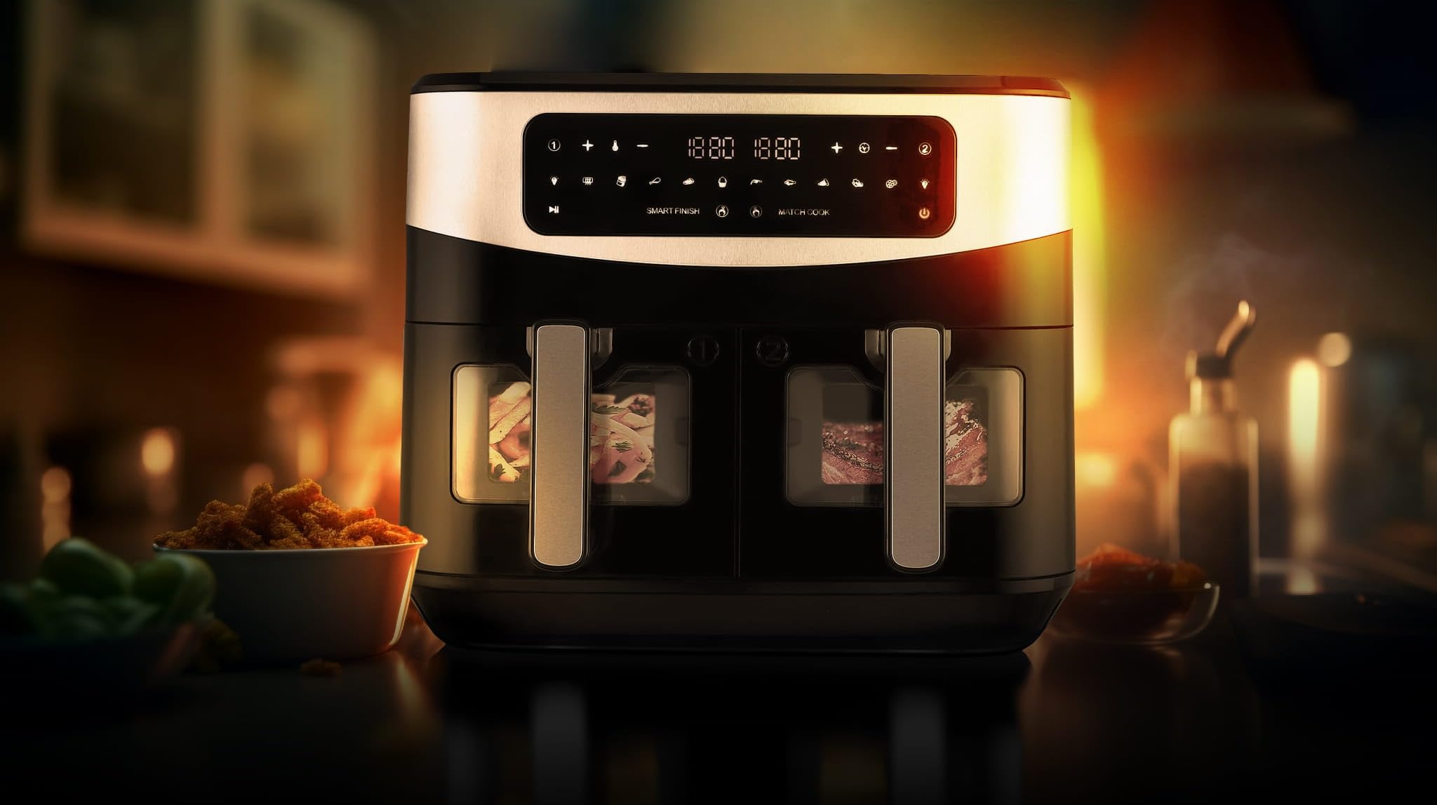 KALORIK AFT 3008 frytkownica beztłuszczowa 10 l Air FRYER podwójna frytkownica 2600 W z okienkiem, cyfrowa podwójna frytkownica na gorące powietrze, 10 l, wyświetlacz dotykowy LED, funkcja