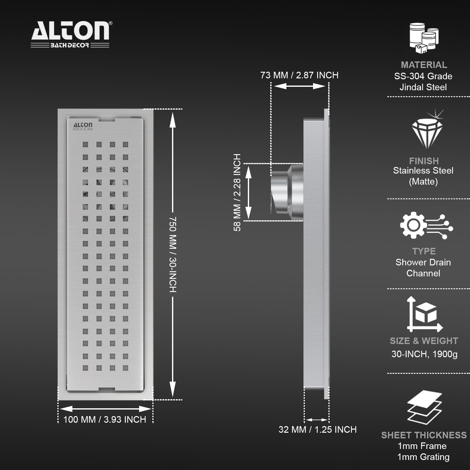 ALTON SS-304 Shower Channel Drain - 30 Inch -2