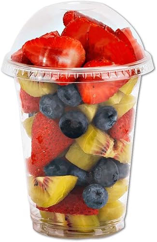 Vasos de plástico transparente de 10 onzas con tapas y tenedores, 50 juegos de tazas de postre con tapas de cúpula (sin agujero), tazas de cristal