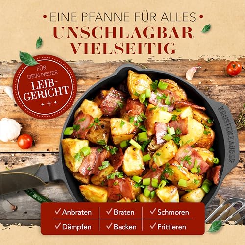 KRUSTENZAUBER KRUSTENZAUBER Gusseisenpfanne Induktion 24cm inkl. Deckel und Pfannenwender - Geschliffene Pfanne Gusseisen, Eisenpfanne, Cast Iron Pan, Gusspfanne, Gusseiserne Pfanne, Gusseisen-Pfanne, Gusspfanne - Zusatzansicht 4 | Pfannen