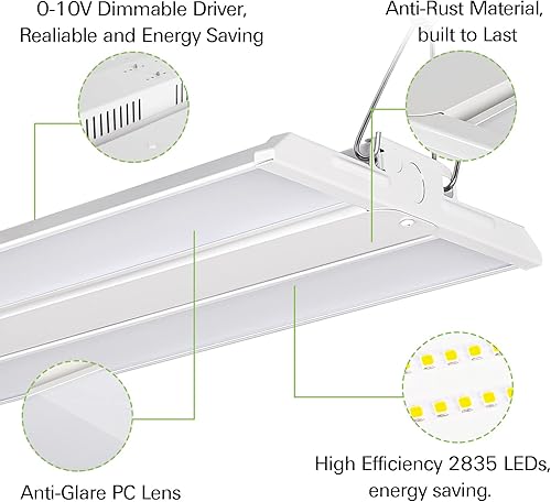 Miniatura 2 de Hykolity Paquete de 2 luces LED lineales de alta bahía de 4 pies, luz LED de tienda de 300 W, 37500 lm 125 LMW, 100-277 V, 0-10 V Dim, luz colgante