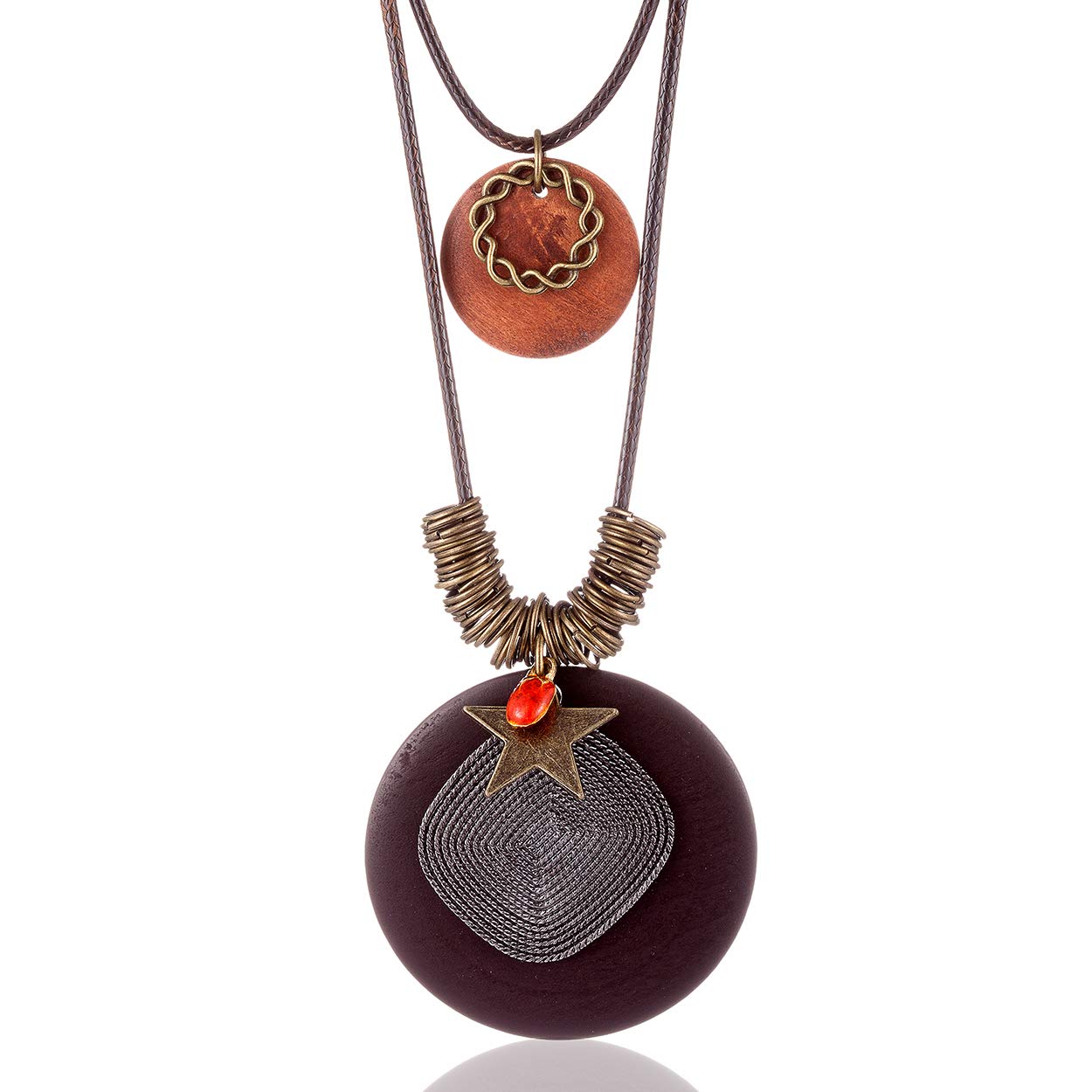 COOSTUFF ANNAWomens Pendant Necklace Wood Handmade Jewelry Long Rope Sweater Necklace for Woman (WJ-P5PA-5T57)