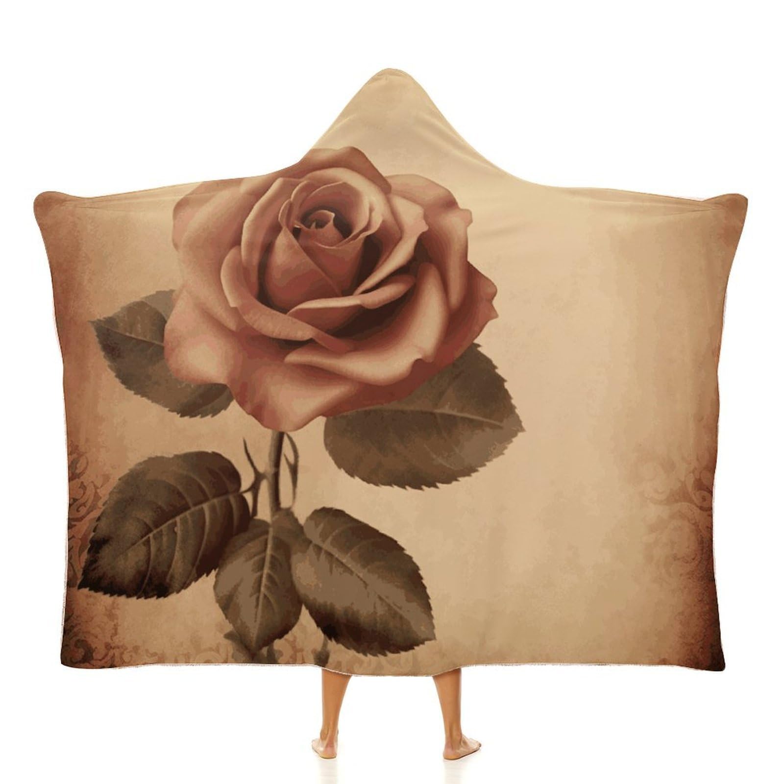 Vintage Rose Hooded Blanket Soft Wearable Blankets Cozy Hoodie Throw Cloak Wrap Poncho Cape Blanket 60"x80"
