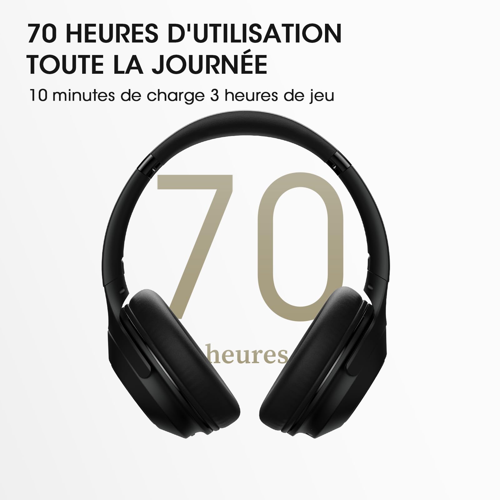 DOQAUS Casque Bluetooth 70H avec 3 Modes EQ,Bluetooth 5.3, Casque sans Fil 70H Durée Lecture, Cache Oreilles protéines Souples, avec stéréo HiFi Microphone pour Voyage/Travail/Vie