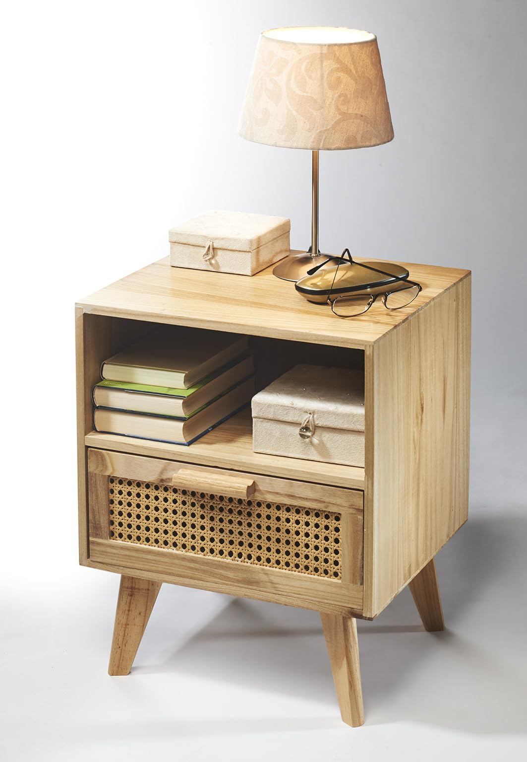 Kobolo Nachttisch Holz braun | 40x35x50 cm | Kleiner Nachtschrank mit Schublade & Fach | Kommode im Boho Vintage Look | Beistelltisch fürs Schlafzimmer Wohnzimmer Flur Wiener Geflecht