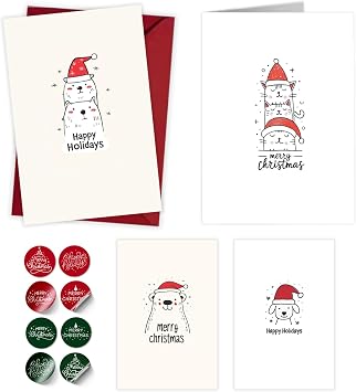Paper Play Merry Christmas Cards with Envelopes Assorted Animal Designs 4x6 Inches Bulk Christmas Cards with Envelopes & Matching Stickers - Set of 20 Funning Designs