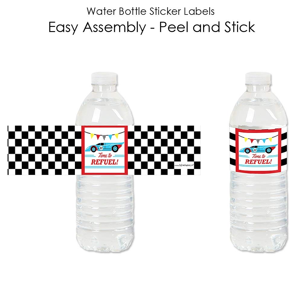 Race Car Birthday Water Bottle Labels - 20 Count Checkered Flag & Racecar Stickers For Party Favors