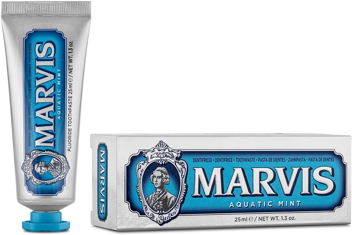 MarvisAquatic Mint Travel Size Toothpaste, 25 ml, Sensational Flavoured Toothpaste Helps Remove Plaque with Long-Lasting Freshness