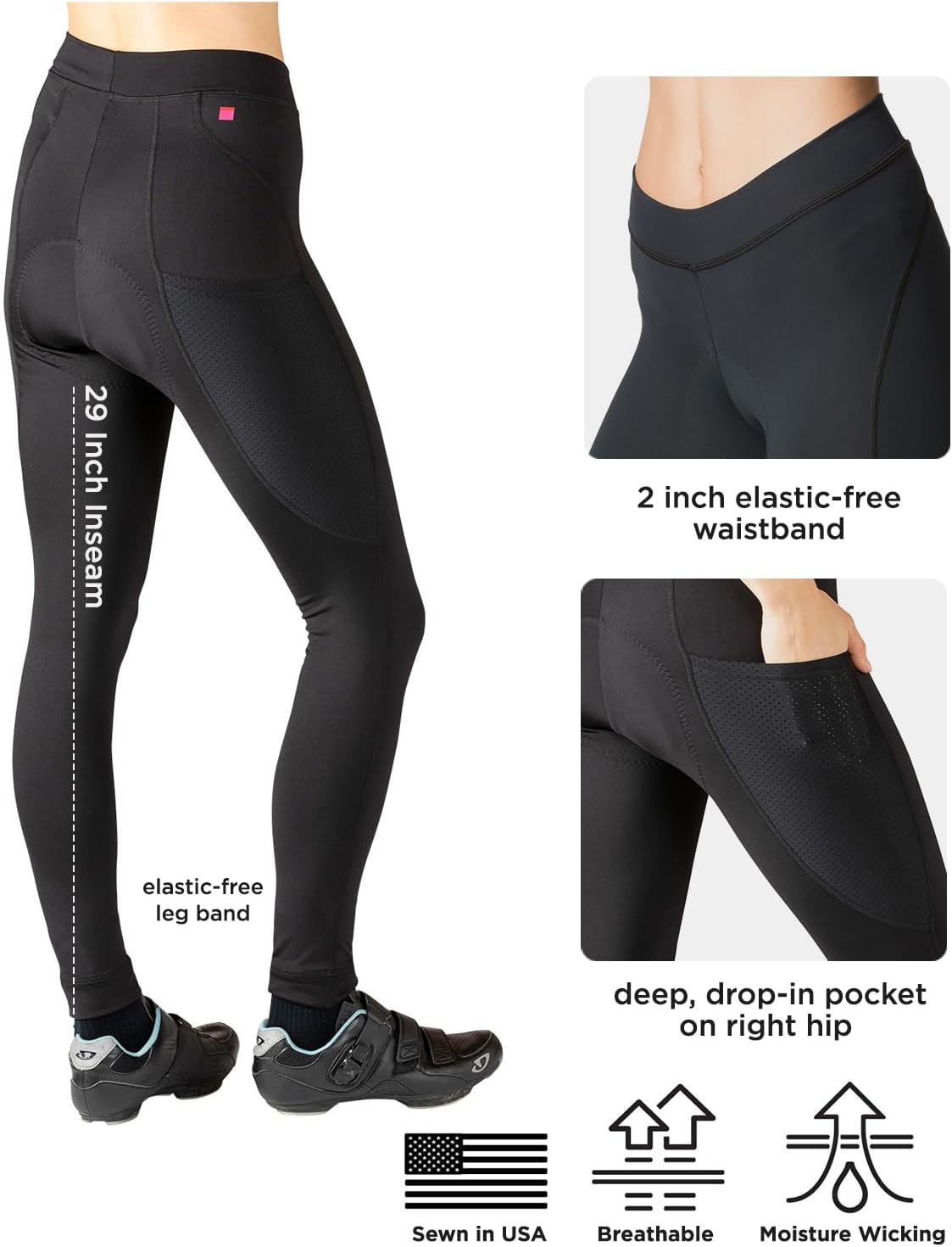 Terry Cycling Padded Bike Pants Womens Thermal Bike Tights 29" Long Wind Resistant Biking Leggings for Women with Pocket - Image 4
