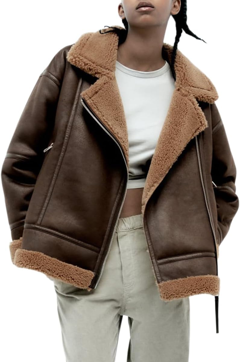 Womens Brown Faux Leather Sherpa Lined Jacket Winter Warm Shearling Biker Coats with Pockets