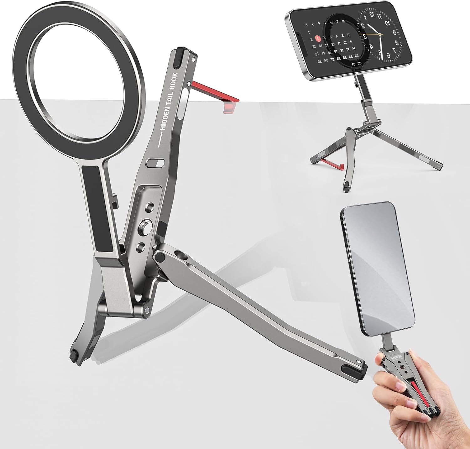 Magnetic Pocket Phone Tripod Foldable with Hook, MG-05G Phone Holder Compatiable with Magsafe for iPhone 16 15 14 13 12 Pro Max Plus Series, 1/4" Screw Tripod Mount, Lightweight Cellphone Stand Travel