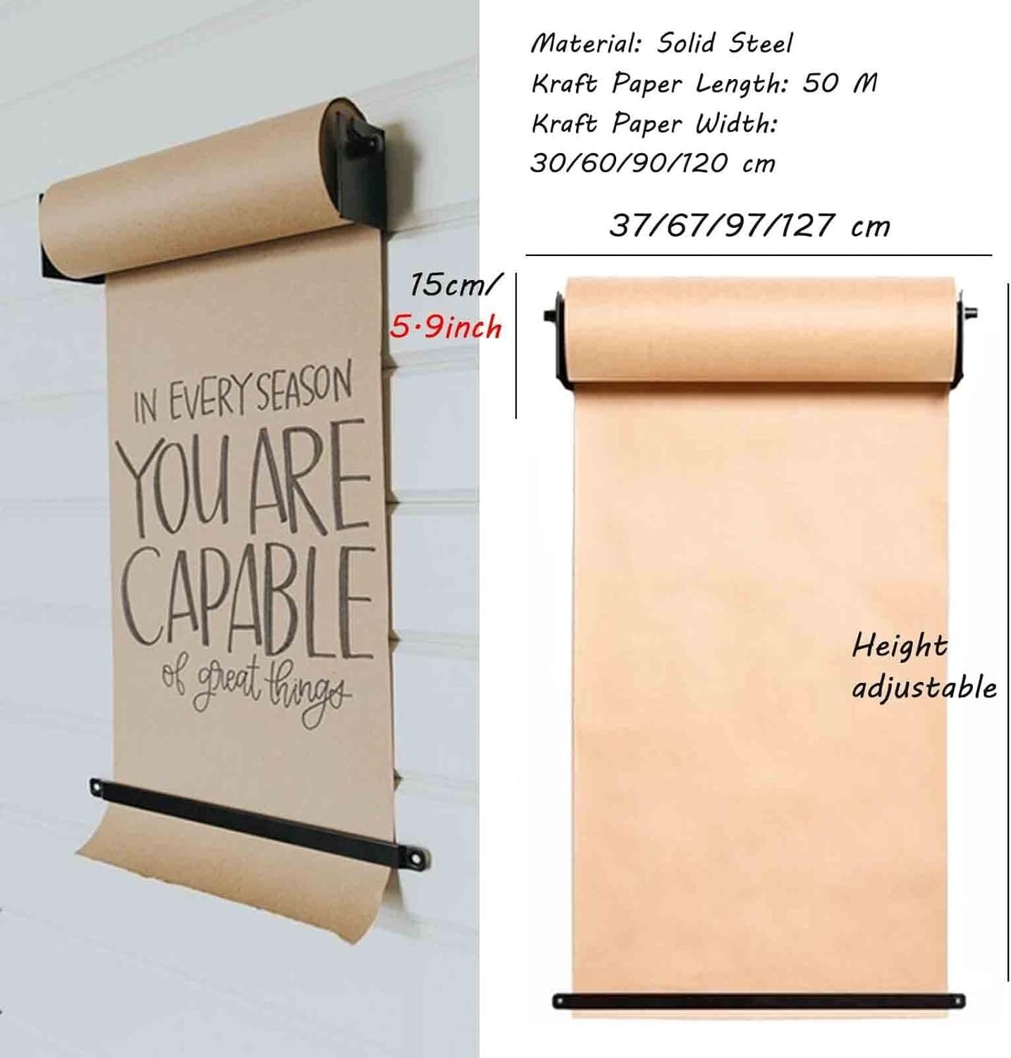 Dispenser di carta da macellaio e taglierino per carta da regalo, organizer in acciaio per rotoli di carta kraft, larghezza 37 cm, facile da usare, bacheca per messaggi per artigianato e cucina