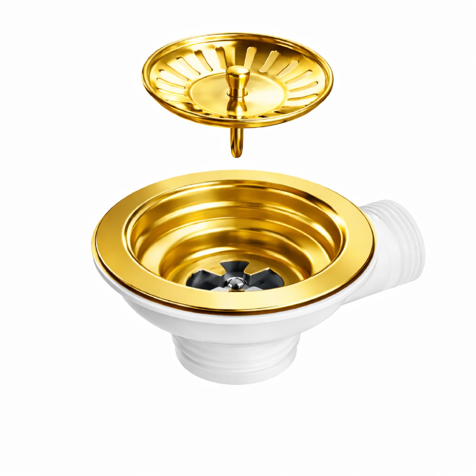 QLS Sifón automático para un fregadero 3 1/2" dorado | Diseño compacto de PVC e inox con conexión para lavavajillas o lavadora, kit de montaje y juntas
