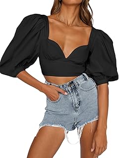 SOFIA'S CHOICE Women's Sweetheart Neck Crop Top Puff Short Sleeve Slim Fit Sexy Shirt