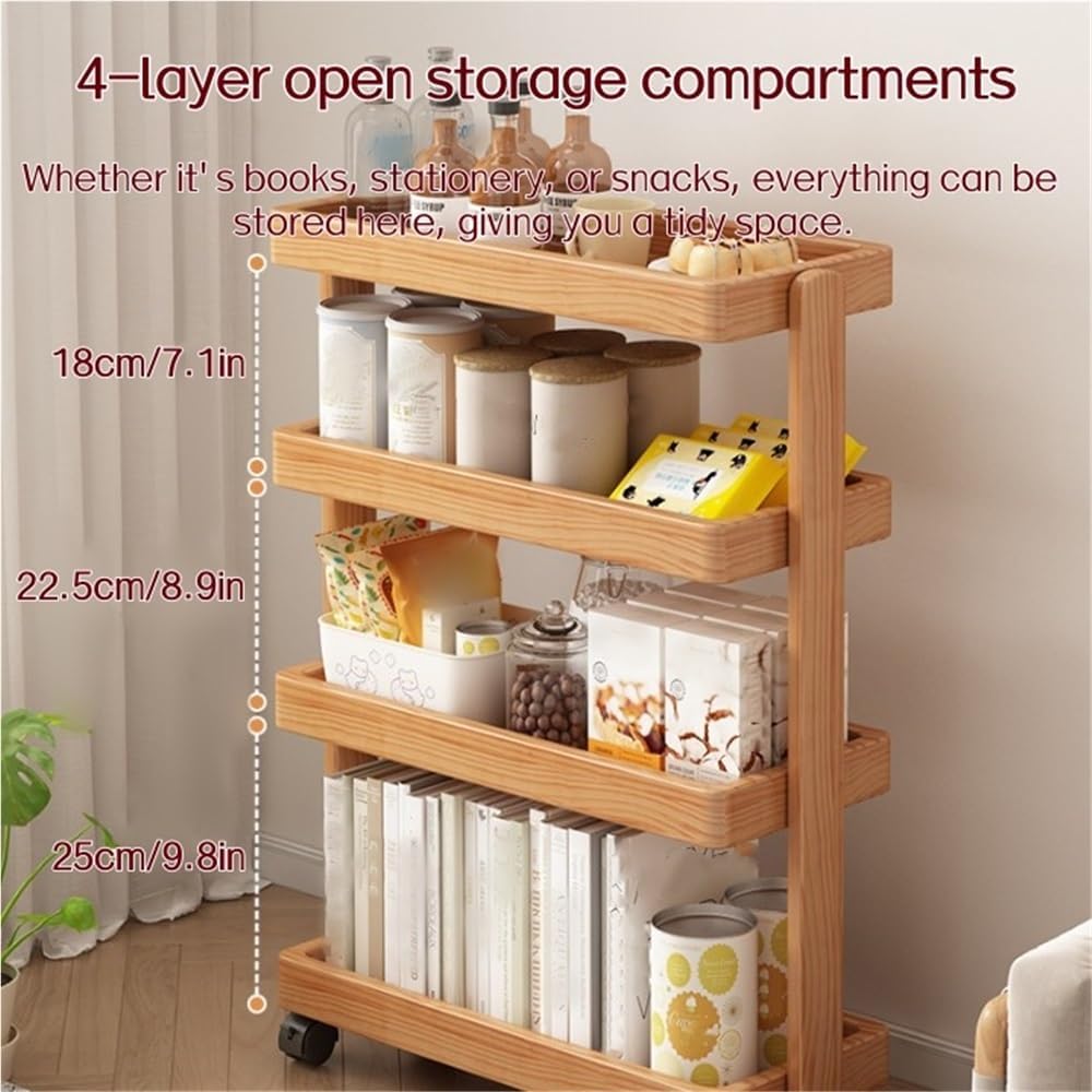 Vinta 4-Tier Solid Wood Rolling Cart with Lockable Wheels, Versatile Moveable Side Table for Living Room, Kitchen, and Storage Solutions
