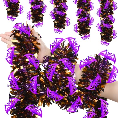 Image of 50 FT Halloween Tinsel Garland, Glitter Tinsel Garlands with Black Orange Purple Bat, Metallic Holiday Hanging Streamers for Halloween Party Supplies Indoor Outdoor Decoration