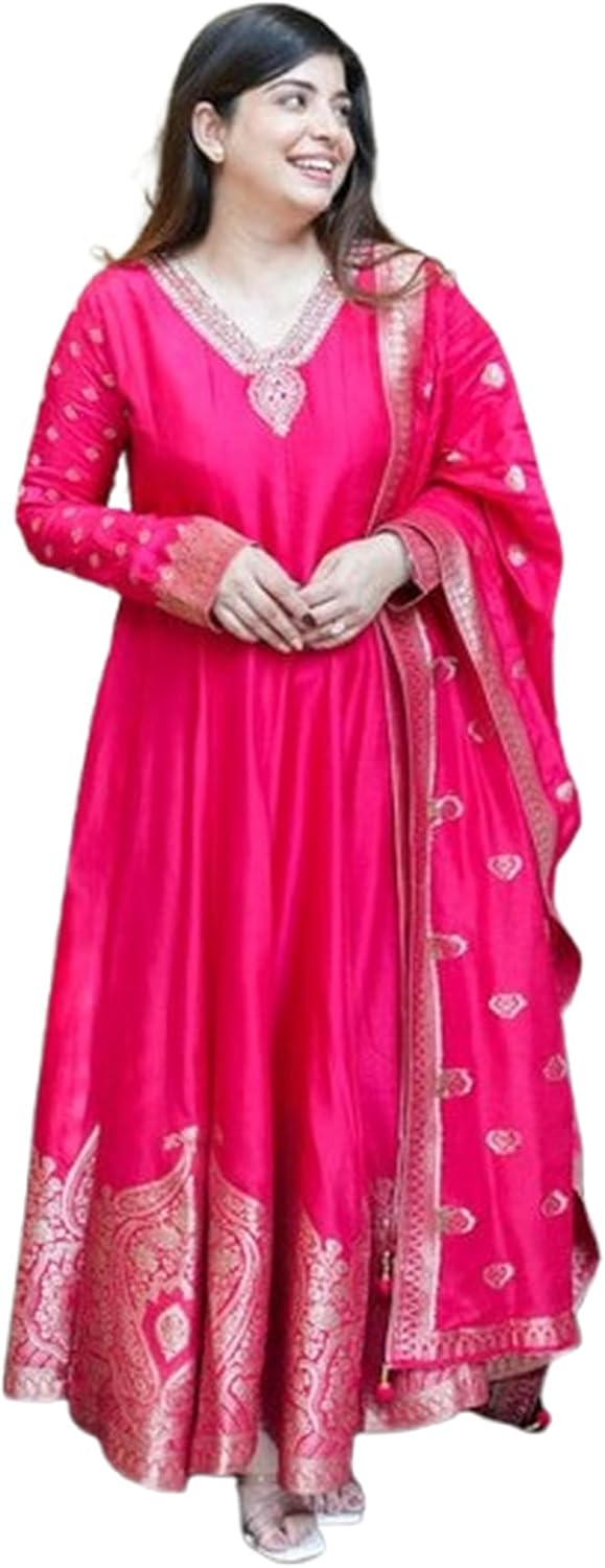 Women's Anarkali Dress, Indian Wear Suit with Dupatta, Embroidered Neckline, Banarasi Woven Border
